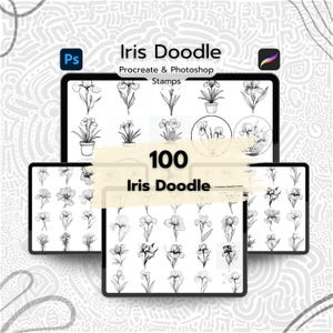Könnte beinhalten: Ein Set mit 100 Schwarzweiß-Illustrationen von Iris-Blumen zum Kritzeln für Procreate und Photoshop. Die Illustrationen sind in einem Raster auf weißem Hintergrund angeordnet. Der Text "100 Iris Doodle" wird in einem gelben Kasten angezeigt.