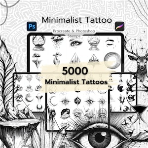 Op de afbeelding: Een digitale illustratie van 5000 minimalistische tattoo-ontwerpen voor Procreate en Photoshop. De afbeelding toont een verscheidenheid aan zwart-witontwerpen, waaronder geometrische vormen, dieren en abstracte patronen.