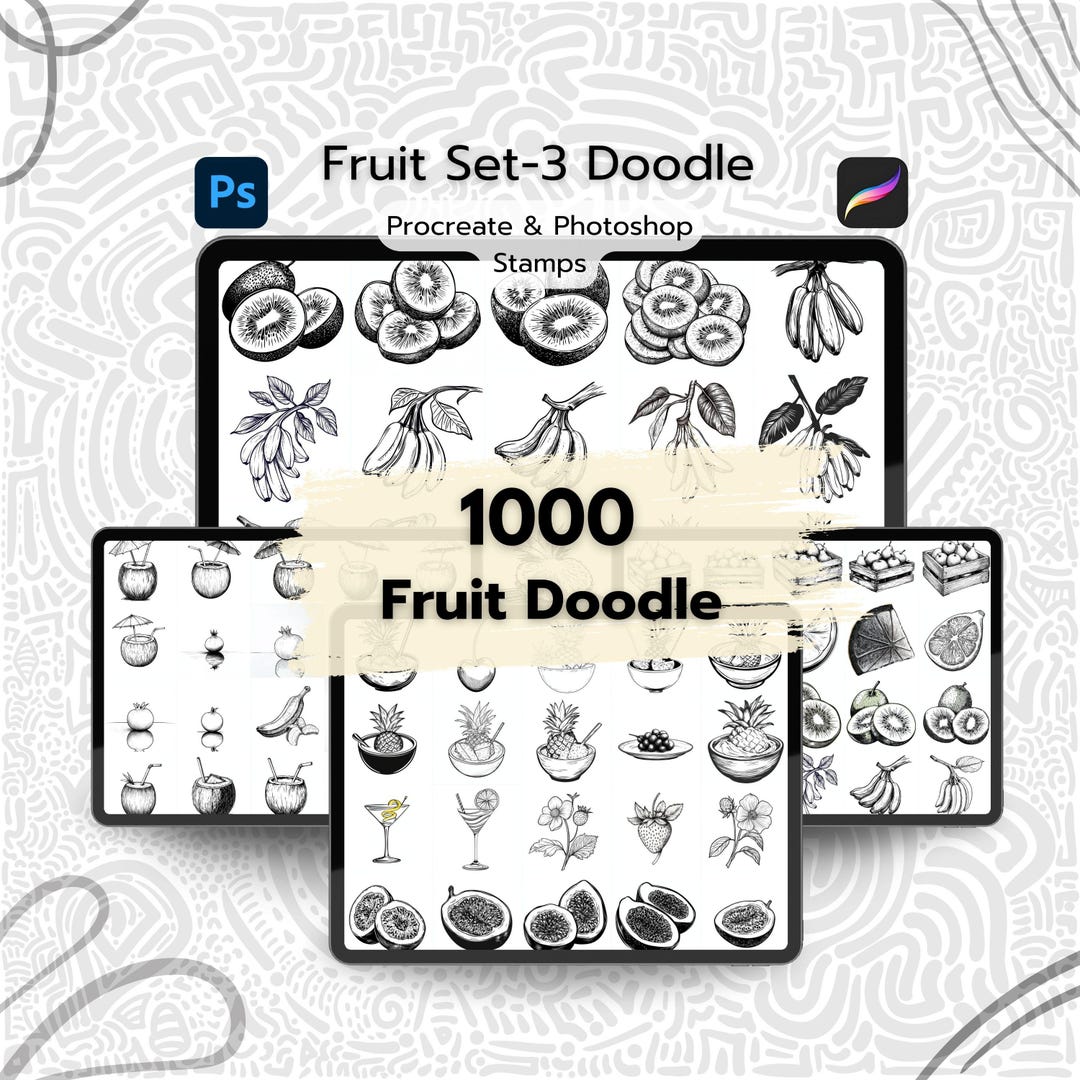 1000 Fruit Doodle Procreate Stamps Set 3, Procreate & Photoshop Line ...