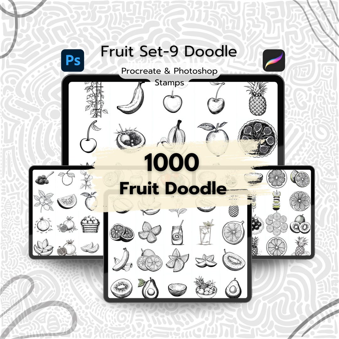 1000 Fruit Doodle Procreate Stamps Set 9, Procreate & Photoshop Line ...