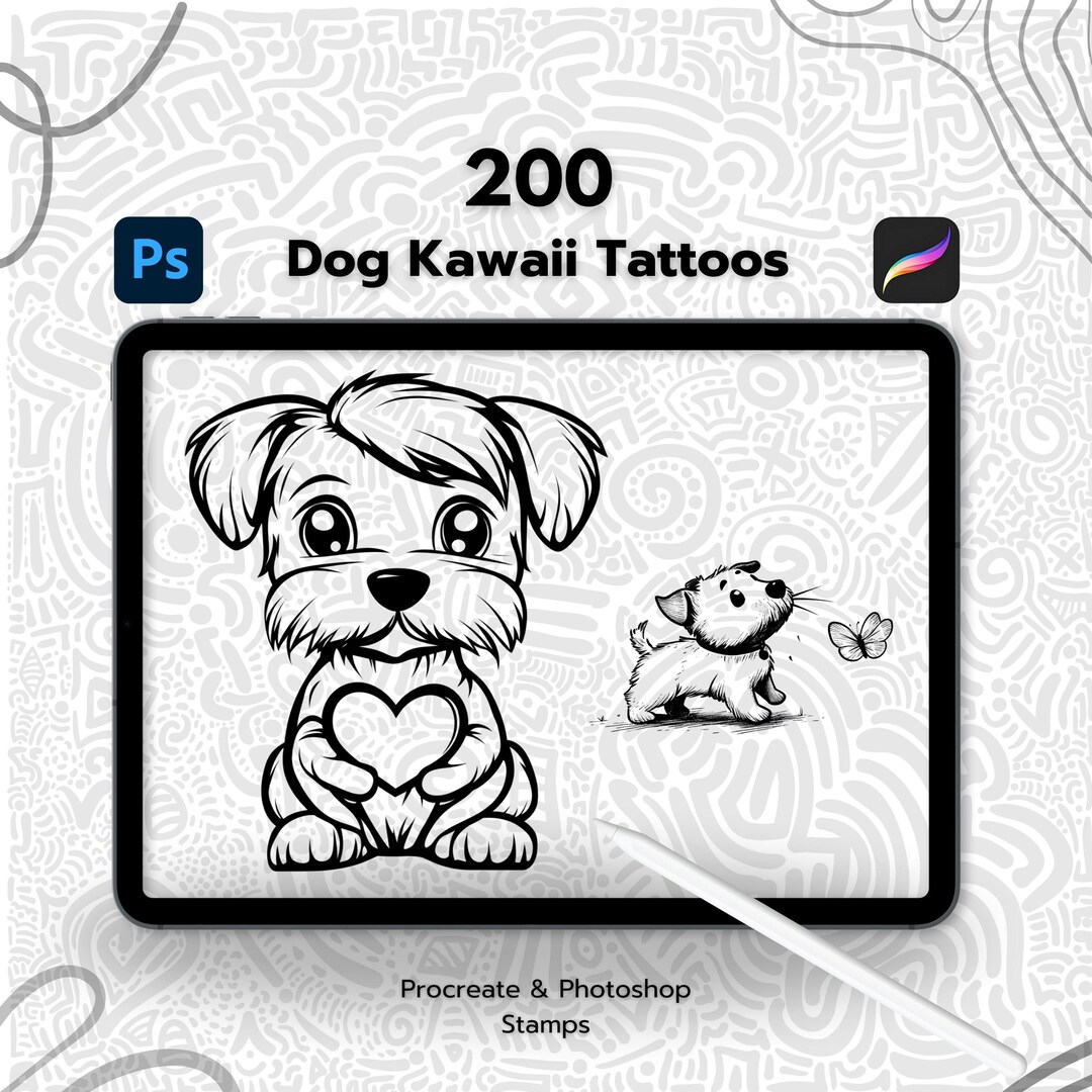 200 Dog Kawaii Tattoo Procreate Stamps, Procreate Dog Stamps, Photoshop ...