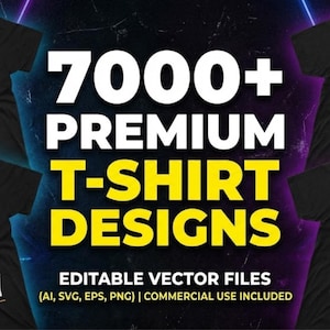 Puede incluir: Imagen de camisetas negras con varios diseños, incluyendo un atardecer retro vintage, una calavera con "Streetwear Typography", una ilustración de estilo anime japonés y una cita humorística. El texto "7000+ Premium T-Shirt Designs" también está presente.