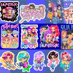 May include: A collection of colorful stickers featuring cartoon illustrations of groups of people, some with text like "SAJA BOYS", "DEMON HUNTERS", and "KPOP". The stickers have a blue background and are in various shapes.
