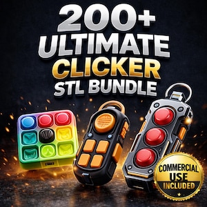 以下が含まれることがあります： 画像には、カラフルな正方形のポップイットと2つのハンドヘルドクリッカーを含む、クリッカーおもちゃのコレクションが写っています。「200+ ULTIMATE CLICKER STL BUNDLE」と「COMMERCIAL USE INCLUDED」の文字があります。クリッカーはオレンジと赤のアクセントがあります。