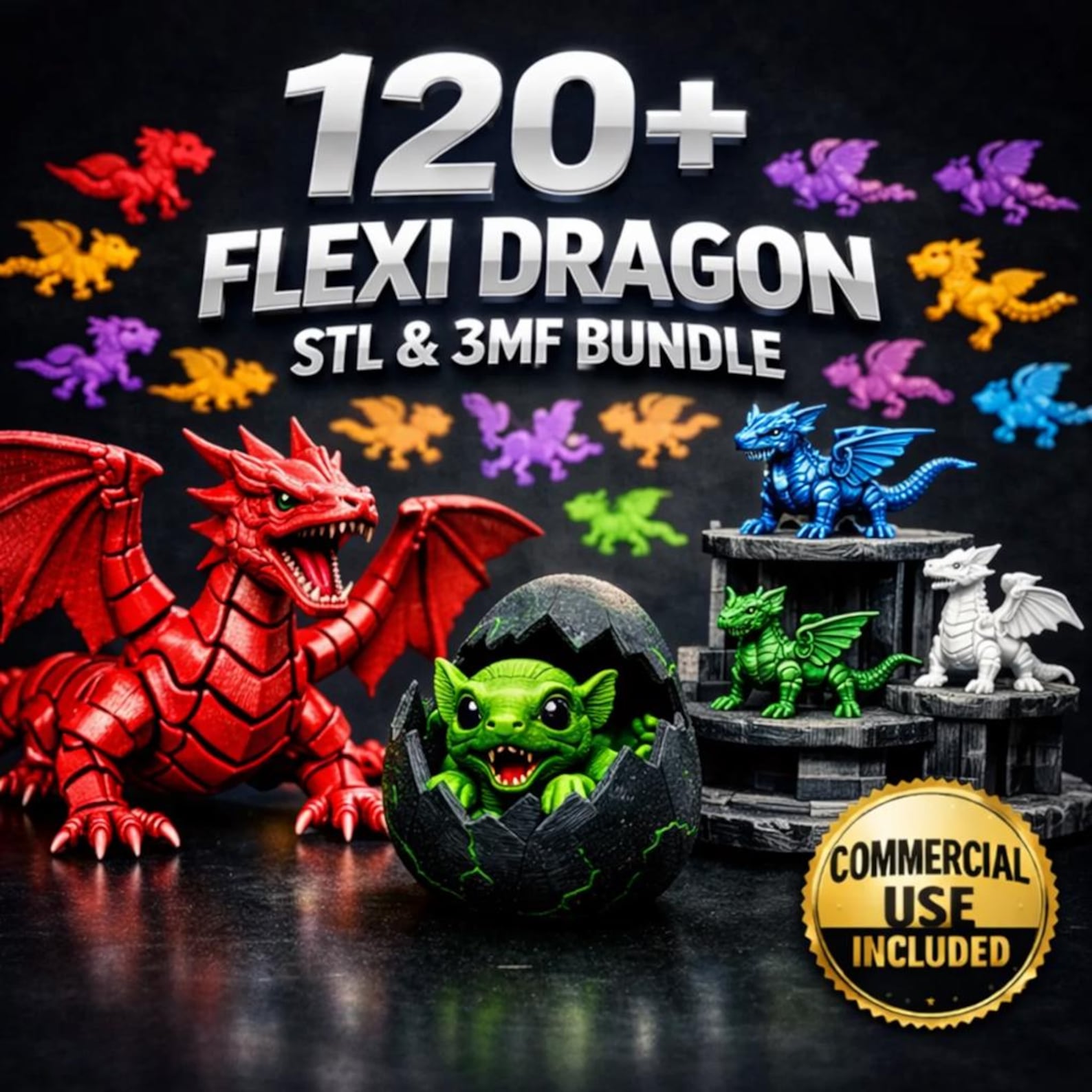 120 Flexi Dragon STL Files – Articulated 3D Print Models, Dragon Eggs ...