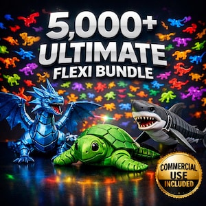May include: An image promoting the "5,000+ Ultimate Flexi Bundle." The image features a blue dragon, a green turtle, and a shark. The background is filled with colorful, small dinosaur figures. A gold seal indicates commercial use is included.