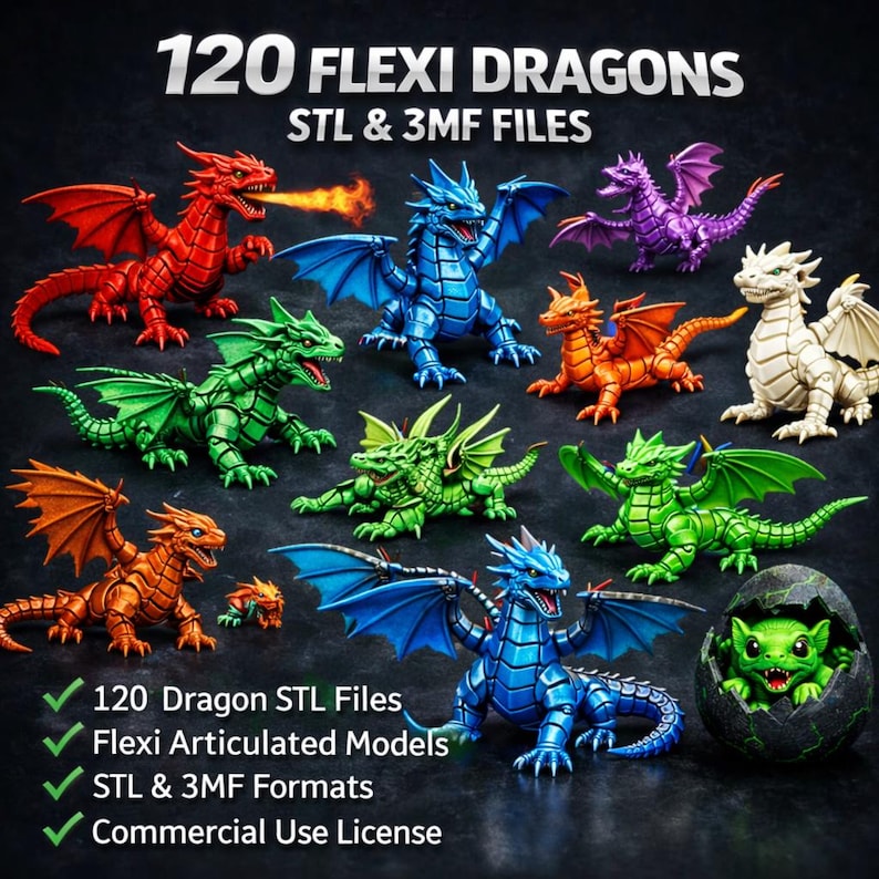 120 Flexi Dragon STL Files – Articulated 3D Print Models, Dragon Eggs ...