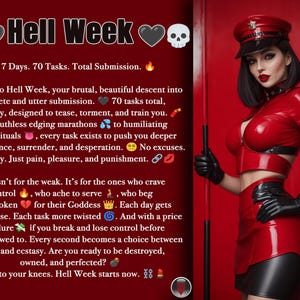 Może przedstawiać: Kobieta w czerwonym lateksowym stroju stoi przed czerwonym tłem. Tekst "Hell Week" jest napisany dużymi, pogrubionymi literami u góry obrazu. Tekst poniżej opisuje wyzwanie z 70 zadaniami do wykonania w ciągu 7 dni.