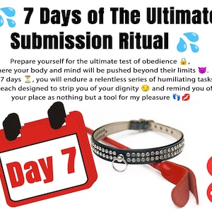 Puede incluir: Un calendario rojo con el texto "Día 7" en él. Un collar de cuero negro con tachuelas plateadas y un látigo de cuero rojo están en el fondo. El texto "7 Days of The Ultimate Submission Ritual" está en la parte superior de la imagen. El texto "Prepárate para la prueba definitiva de obediencia, donde tu cuerpo y mente serán empujados más allá de sus límites. Durante 7 días, soportarás una serie implacable de tareas humillantes, cada una diseñada para despojarte de tu dignidad y recordarte tu lugar como una simple herramienta para mi placer" está debajo del calendario.