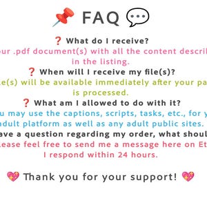 May include: A FAQ section with a question mark and a speech bubble icon. The text asks about what is received, when files are received, what is allowed to do with the files, and what to do if there are questions about an order. The text also includes a thank you for support.