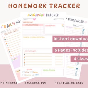 Könnte beinhalten: Ein druckbarer Hausaufgaben-Tracker mit rosa und weißem Design. Das Bild enthält Seiten für tägliche To-Do-Listen, Aufgaben-Tracker und Hausaufgaben. Der Text enthält "Homework Tracker", "Daily Ho", "Assignment Tracker" und "Homework". Der Tracker ist in 4 Größen erhältlich.