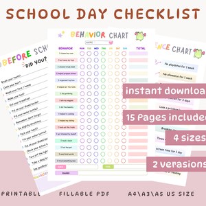 May include: A set of printable school day checklists and behavior charts. The charts include sections for daily tasks, behavior tracking, and rewards. The design features pastel colors, cute illustrations, and the text "SCHOOL DAY CHECKLIST".