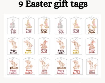 Pode incluir: Nove etiquetas de presente de Páscoa com ilustrações em aquarela de coelhinhos e o texto "Feliz Páscoa". As etiquetas são em cores pastel e são projetadas para presentes de Páscoa. As etiquetas medem 5,08 cm x 7,62 cm.