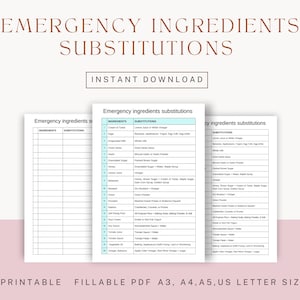 May include: Printable Emergency Ingredients Substitutions chart with a light blue and white color scheme. The chart lists common ingredients and their substitutions. The chart is labeled "Emergency Ingredients Substitutions" and "Instant Download".