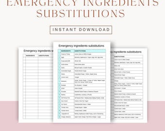 Folha de dicas de cozinha, guia de substituição de receitas, tabela de substituição de ingredientes de emergência para impressão, download instantâneo