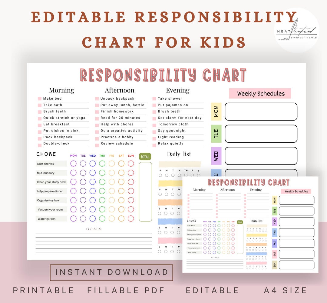 Kids Responsibility Chart Printable | Daily &amp; Weekly Chore Chart for Kids | Editable PDF ...