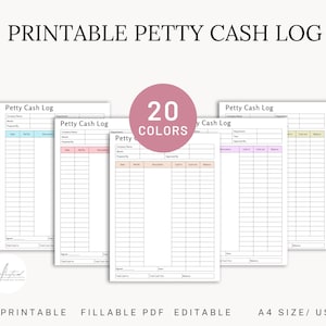 Puede incluir: Registro de caja chica imprimible con un círculo rosa que dice "20 COLORES". El registro está disponible en tamaño A4 y US letter. El texto "PRINTABLE FILLABLE PDF EDITABLE" está en la parte inferior.