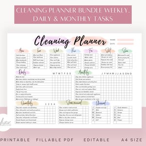 EDITABLE Cleaning Planner, Cleaning Checklist, Schedule ADHD Cleaning Planner Household Chores Chart Digital Download PDF Colorful declutter