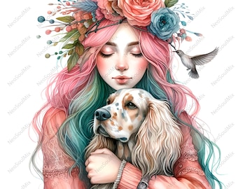 20 Quirky Girl with Dog Clipart | Adorable Quirky Girl with Animal Clipart | High Quality JPGs | Paper craft | junk journal