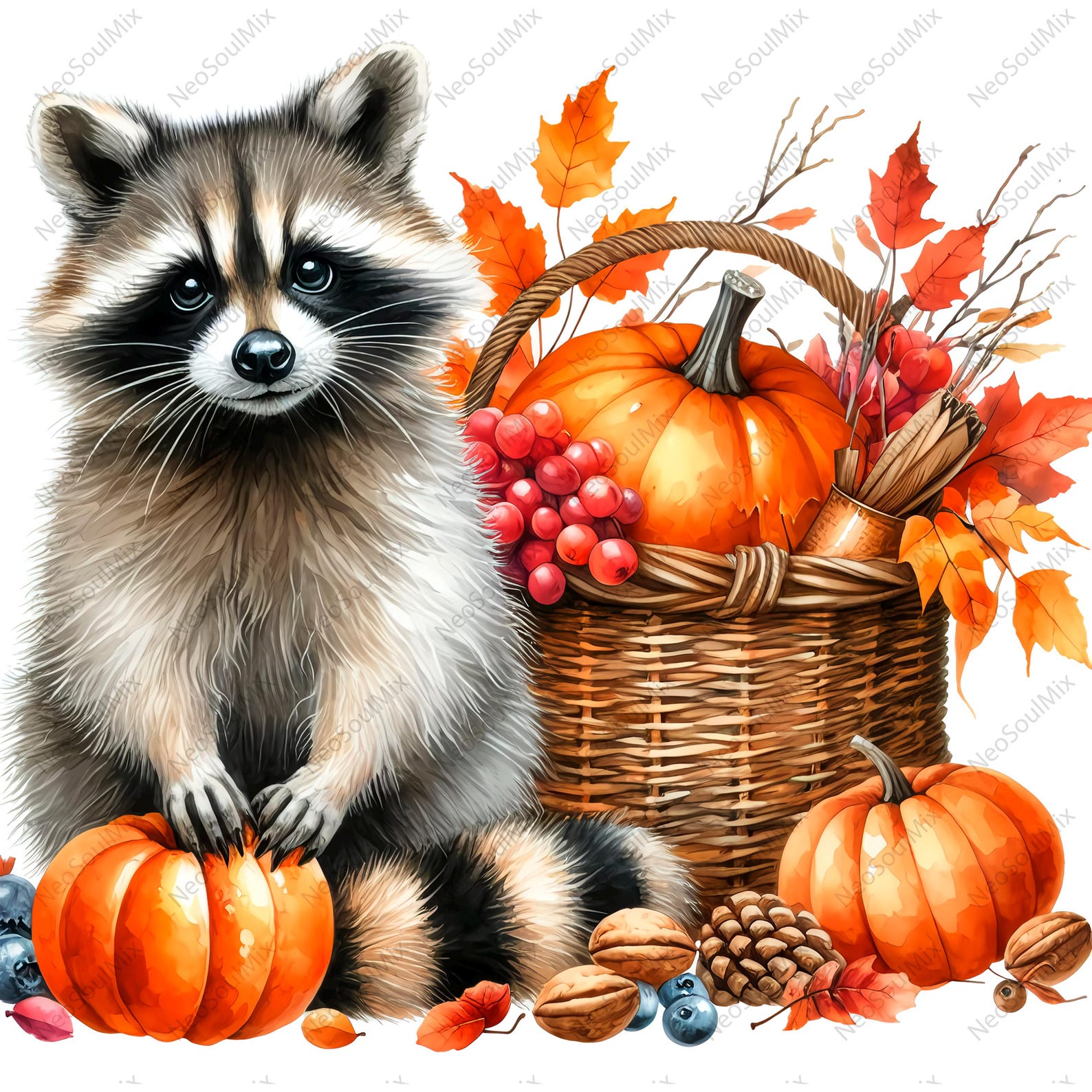 20 Cute Fall Raccoons Clipart | Watercolor Autumn Raccoon | High ...
