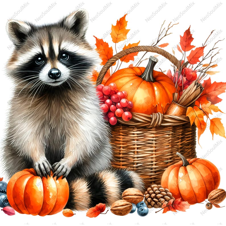 Rattan Racoon 20 Cute Fall Raccoons Clipart | Watercolor Autumn Raccoon | High ...
