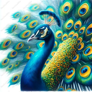 May include: A peacock with a vibrant blue body and a large, colorful tail. The tail feathers are green, blue, and yellow with iridescent eyespots.