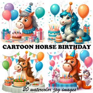 20 Clipart de dessin animé d'anniversaire de cheval | Lot de cliparts cheval anniversaire | Clipart aquarelle imprimable | JPG de haute qualité | Créations en papier