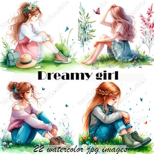 22 Clipart di ragazze sognanti / Ragazze carine / Clipart di acquerelli stampabili / JPG di alta qualità / Download digitale / Artigianato di carta / diari spazzatura
