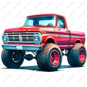 May include: A vibrant red monster truck illustration. The truck features oversized tires with red rims, a classic Ford design, and a detailed front grille. The body is a bright red with a white stripe.