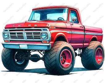 21 Pickup Trucks Clipart | 1972 Ford F100, red | Vintage Pickup Trucks | Printable Watercolor Clipart | High Quality JPGs | Automotive Decor