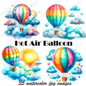 35 Clipart de balão de ar quente em aquarela | Clipart de aquarela para impressão | JPGs de alta qualidade | Download digital | Artesanato em papel | diários de lixo