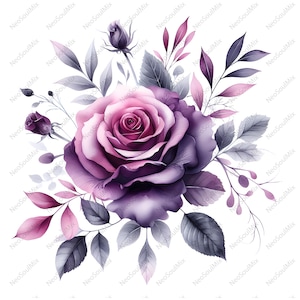 23 Purple Rose Clipart, Wedding Bridal Shower Purple Rose Flowers Clipart, Watercolor Purple Rose, Blush and Dusty Flowers, High Quality JPG