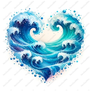 May include: An artistic depiction of a heart formed by curling ocean waves. The waves are rendered in shades of blue and turquoise, with white foam. Small blue bubbles surround the heart shape, creating a dynamic image.