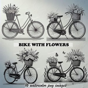 16 Bicicleta com flores clip art, clipart de bicicleta vintage, convite de casamento de bicicletas reto, planejador, diário de lixo de adesivos, bicicleta de cesta de flores