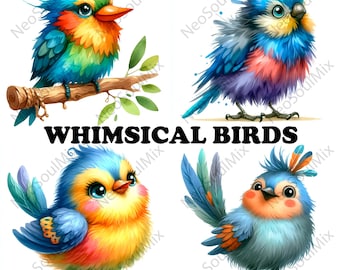 20 imágenes prediseñadas de pájaros extravagantes / Pájaros divertidos / Imágenes prediseñadas de acuarela imprimibles / JPG de alta calidad / Descarga digital / Manualidades de papel / Diario basura