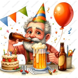 24 eigenzinnige verjaardagsclips | Opa's verjaardag met bier | Ontwerpen voor verjaardagsmannen | Hoogwaardige JPG-bestanden | Digitale download
