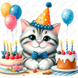 24 cliparts d'anniversaire de chat | Motifs aquarelle d'anniversaire de chaton | Fichiers JPG de haute qualité | Téléchargement numérique | Fabrication de cartes avec licence commerciale