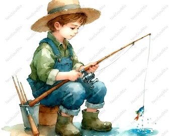 26 imágenes prediseñadas de niño pescando / Imágenes prediseñadas de niño con caña de pescar / Imágenes prediseñadas de acuarela imprimibles / JPG de alta calidad / Manualidades de papel / Diario basura