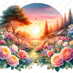 May include: A watercolor painting of a sunset over a garden. The scene features a vibrant array of pink and yellow roses, a small wooden house, and a fence. The sky transitions from pink to blue, with birds in flight.