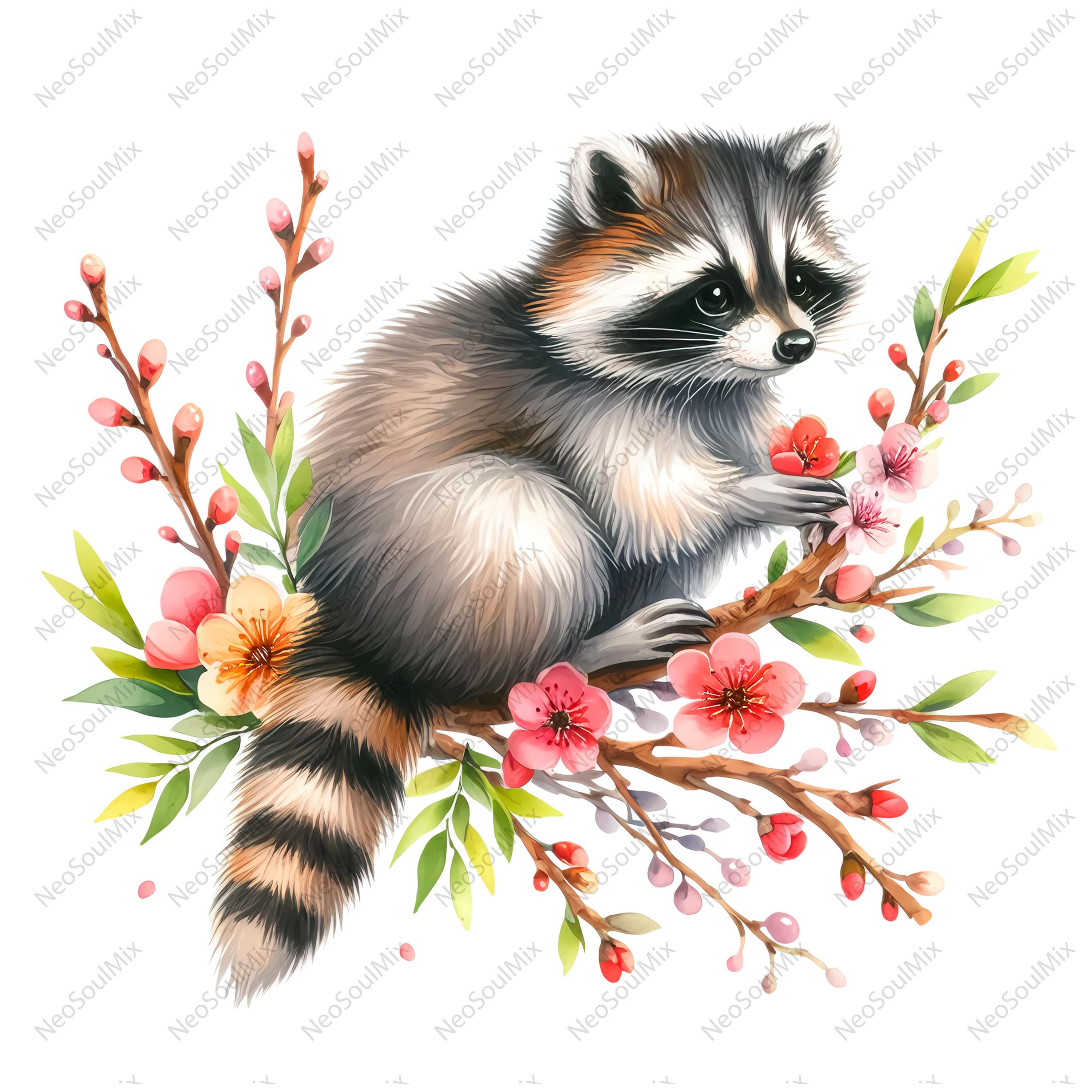 Spring Raccoon Pattern 19 Cute Spring Raccoon Clipart | Watercolor Autumn Raccoon | High ...
