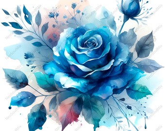 22 Blue Rose Clipart, Wedding Bridal Shower Blue Rose Flowers Clipart, Watercolor Blue Rose, Blush and Dusty Flowers, High Quality JPG