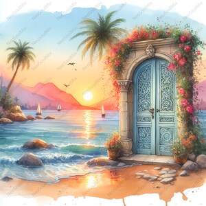 Puede incluir: Pintura a la acuarela de una escena costera con una puerta arqueada azul claro adornada con flores rosas. El océano, los veleros, las palmeras y el cielo del atardecer crean una atmósfera mediterránea serena.