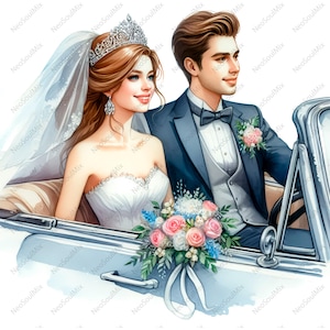 17 jeunes mariés en voiture de mariage Just Married | Aquarelle de haute qualité JPG | Journalisation | Album | Téléchargement numérique