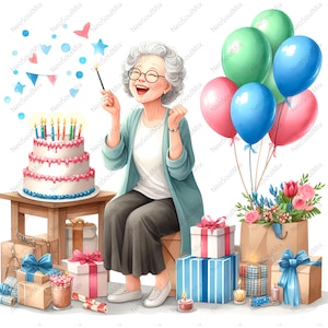 20 imágenes prediseñadas originales de cumpleaños de abuelas / Diseños de acuarela extravagantes / JPG de alta calidad / Descarga digital / Licencia comercial