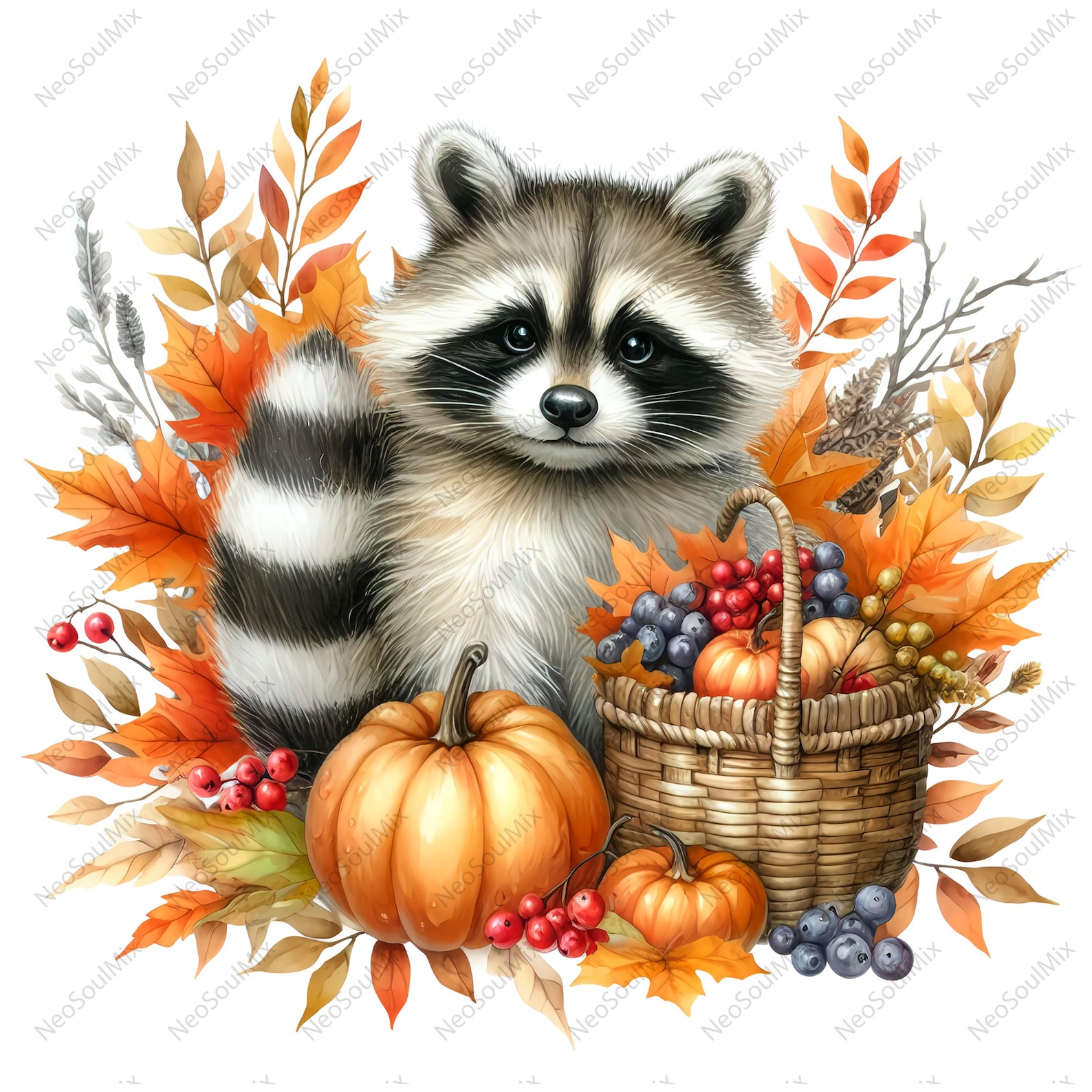 20 Cute Fall Raccoons Clipart | Watercolor Autumn Raccoon | High ...