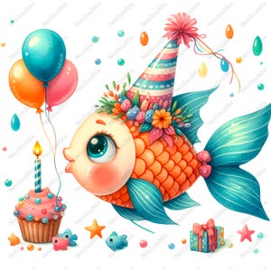 Anniversaire de 18 poissons, poisson drôle, bar aquarelle, anniversaire de poisson, poisson de fête, pêche png, usage commercial, téléchargement numérique, JPG de haute qualité