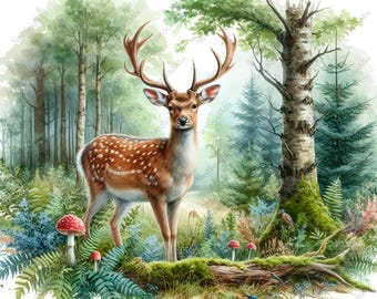 20 Clipart con un cervo dalla coda bianca / Cervo nella foresta / Clipart acquerello stampabile / JPG di alta qualità / Download digitale / Carta artigianale