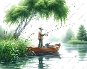25 Man Fishing Clipart Bundle | Boat Fishing Landscape Clipart | High Quality JPGs | Digital Download | Paper Craft | Junk Journal