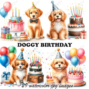 29 Dog Birthday Clipart | Pet Birthday Watercolor Designs | High-Quality JPGs | Digital Download | Card Making with Commercial License