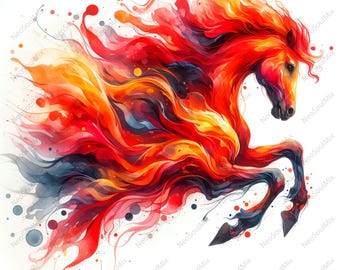 May include: A vibrant watercolor painting of a horse in motion. The horse is depicted with flowing, fiery red, orange, and yellow hues, suggesting movement and energy. The mane and tail blend into the background, creating a dynamic and artistic effect.